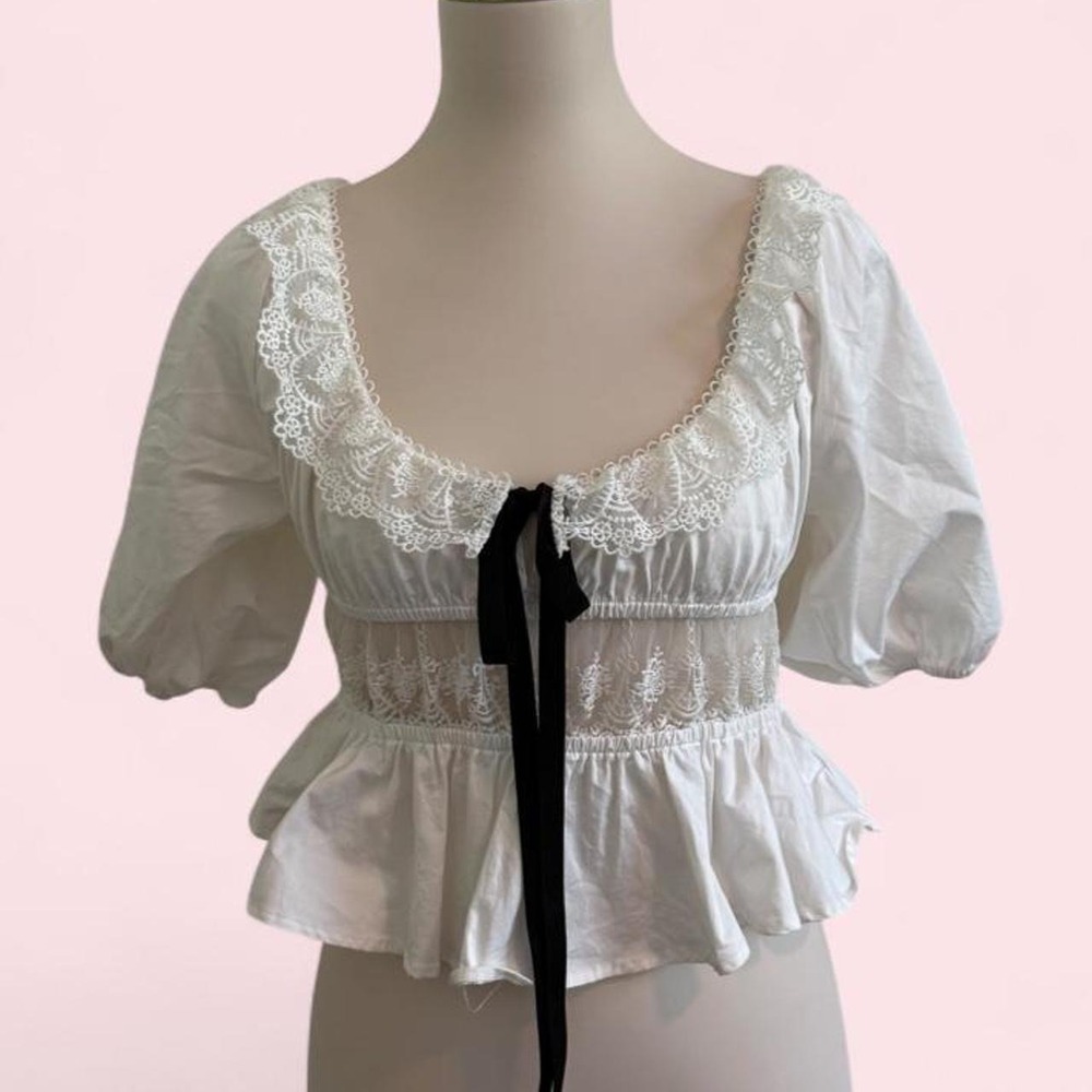 For Love & Lemons White Lace Peplum Blouse | Black Ribbon Tie | Size M